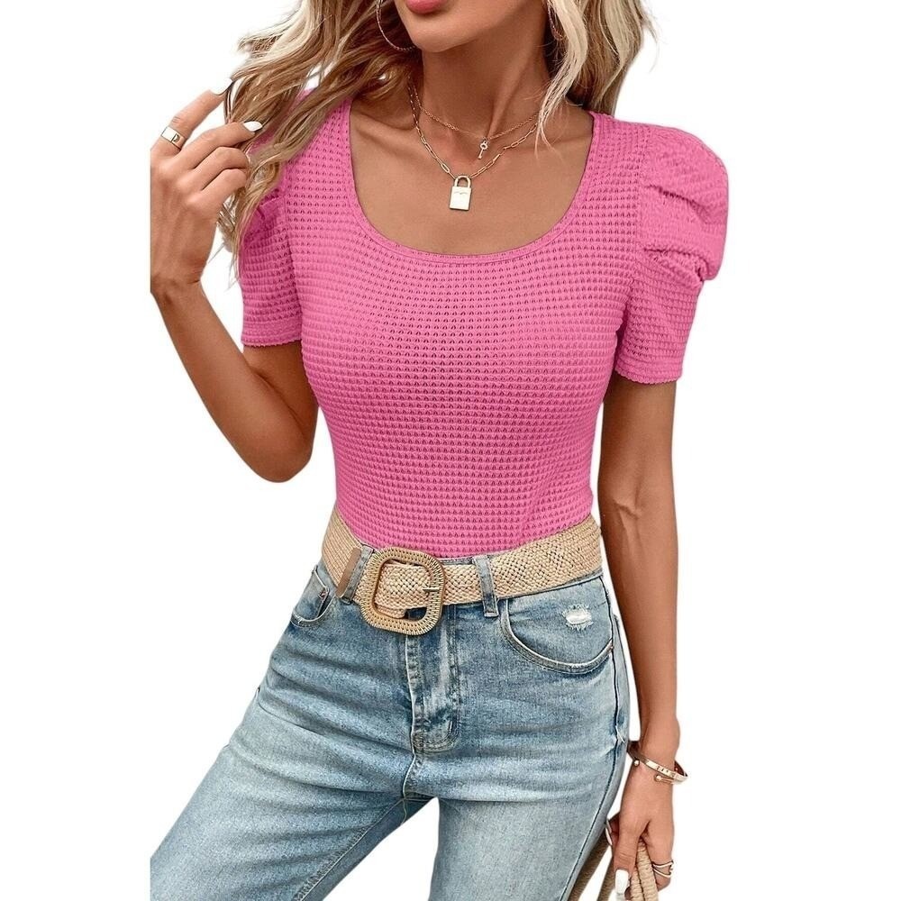 Bright Pink Waffle Knit Ruched Puff Sleeve Top New Size Large